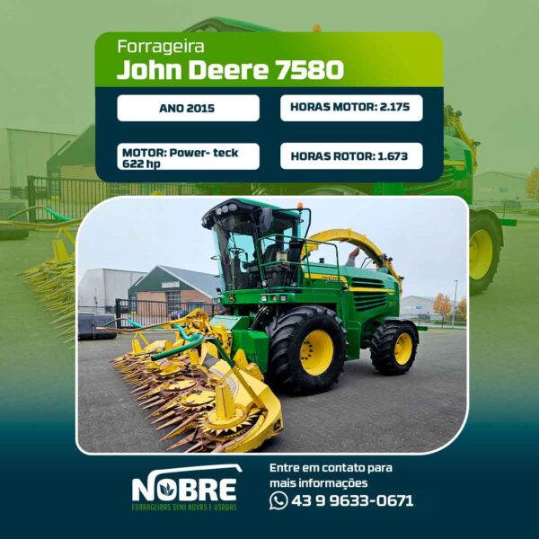 Forrageira John Deere 7580-Ano 2015-Plataforma Kemper 360 plus-cod 1938